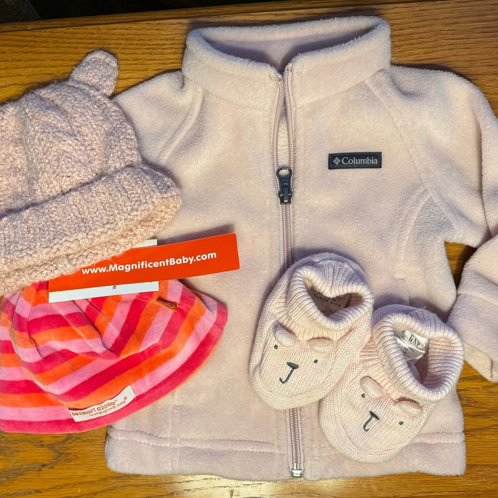 Columbia Pink Fleece Baby Gap Slippers Old Navy Bear Ears Hat Fleece Hat NWT